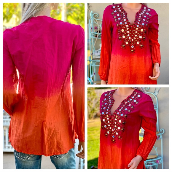 🎉HP MICHAEL KORS Retro Tie-die Ombré BoHo Gypsie Chic Beaded Mirrored Blouse - Picture 14 of 15